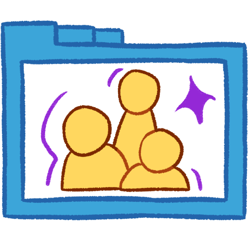 A hollow blue folder with thick lines, containing three busts of emoji yellow people of various heights. There are purple lines around the people and a large purple sparkle